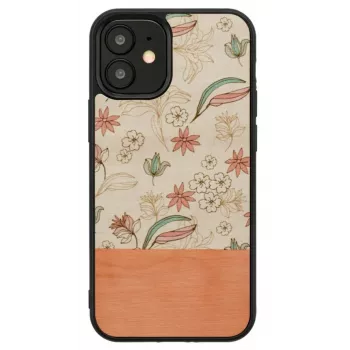 Kaitsev telefoniümbris Man and Wood iPhone 12 mini jaoks — roosa lill mustal