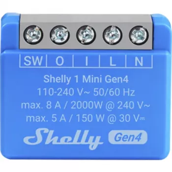 Nutikas lüliti Shelly 1 Mini Gen4 1P juhtmevaba 110–240 V 50–60 Hz 1,2 W Bluetooth Wi‑Fi ZigBee 34×16×29 mm
