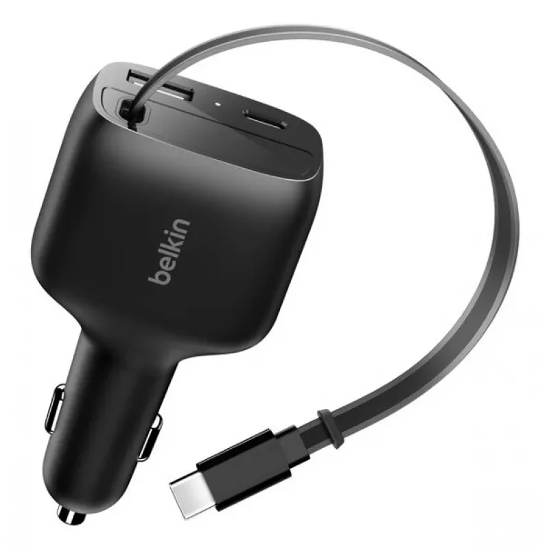 Belkin 75W 2-pordiline sissetõmmatava USB-C kaabliga auto - Kaabel (CCC001HQBK)