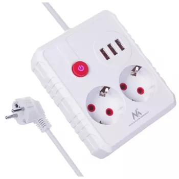 Pistikupesadega pikendusjuhe MACLEAN MCE387 W — 2 pistikupesa, 3×USB A, 110–240V, 2500W, 1,5 m kaabel, valge