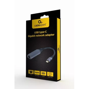Võrguadapter Gembird A-USB3C-LAN-01 USB-C USB 3.2 Gen 1, Gigabit RJ-45, 0,15 m kaabel, metallkorpus, hall/must
