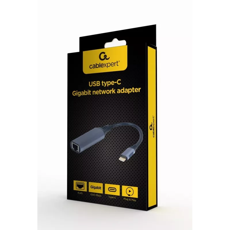 Võrguadapter Gembird A-USB3C-LAN-01 USB-C USB 3.2 Gen 1, Gigabit RJ-45, 0,15 m kaabel, metallkorpus, hall/must