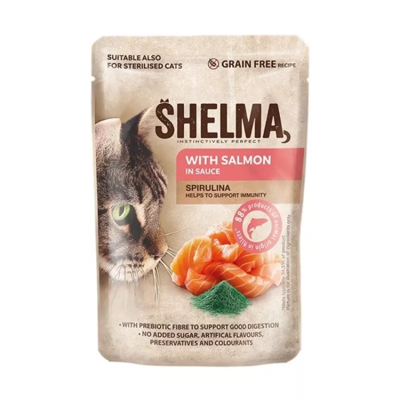 Märg kassitoit SHELMA lõhe ja tursaga kastmes, 4 x 85 g kotikest, 81% niiskust, 10% valku