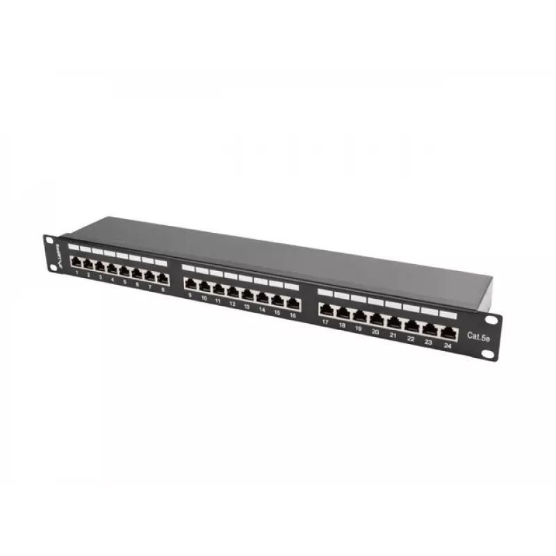 Patch-paneel 1U LANBERG PPS5-1024-B — 24-port RJ-45 Cat5, metallist, must, riiulile paigaldatav
