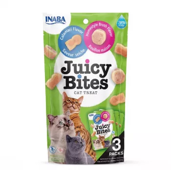 INABA Juicy Bites Homestyle puljongi ja kalmaariga – kassimaiused – 3x11,3 g