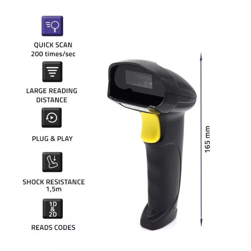 Käeshoitav juhtmega 1D/2D vöötkoodiskanner QOLTEC 50853 — USB, ABS-korpus, 1,65 m kaabel, 97×65×167 mm, 105 g