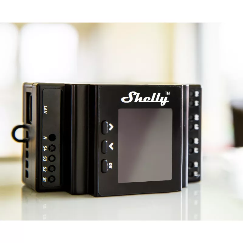 DIN-liistuga releemoodul Shelly 4-kanaliga Pro 4PM Wi‑Fi, 4 kanalit, AC 110–240V, toite- ja energiamõõtmine, DIN-kinnitus