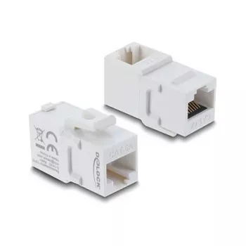 Keystone-pistikupesa DELOCK RJ45 emane-emane Cat.6A 90° nurga all UTP valge, lame 16.9×33.1×19.9 mm