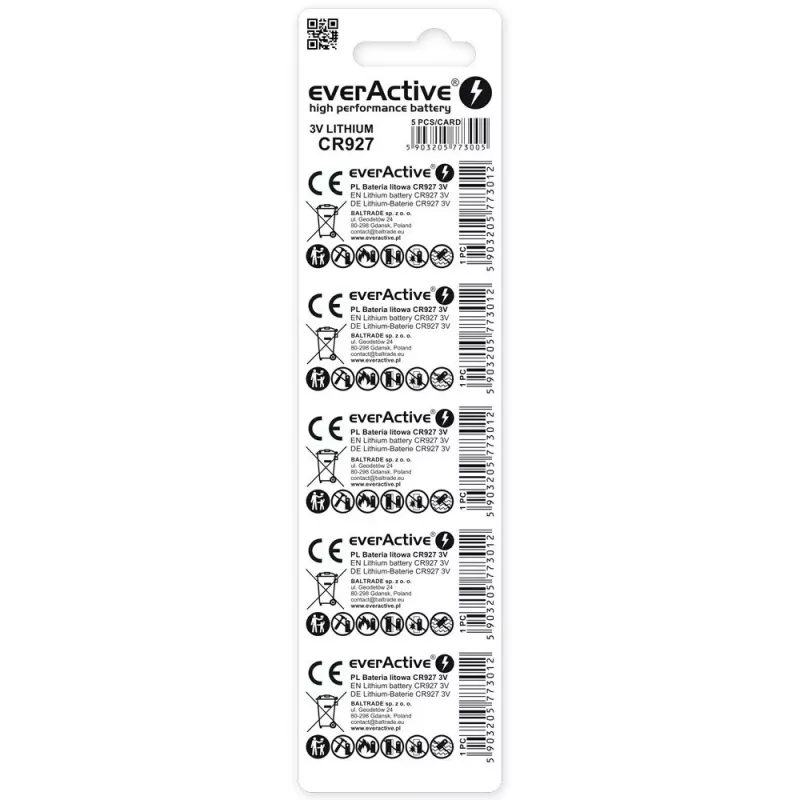 Liitium-nööpelement everActive CR927 3V, 30 mAh, nööp/münt, kõrgus 2,7 mm — pakendis 5 tk