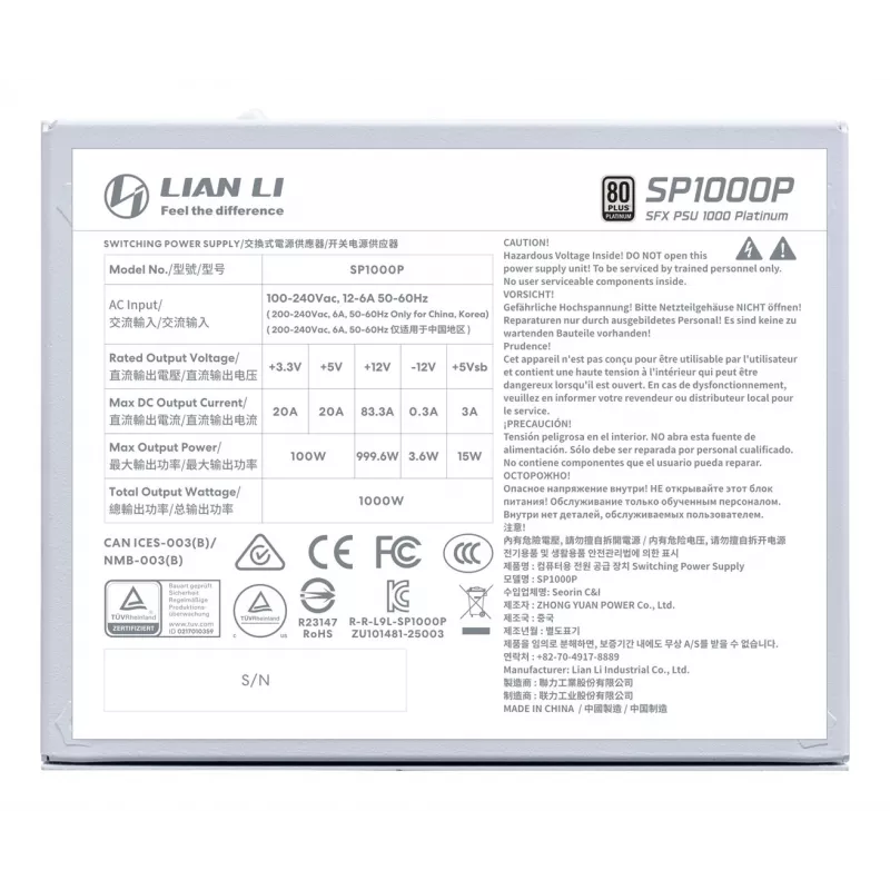 Toiteplokk Lian Li SP Series Platinum SFX täismodulaarne PCIe 5.1 ATX 3.1 1000W (G9P.SP1000P.W000.EU)