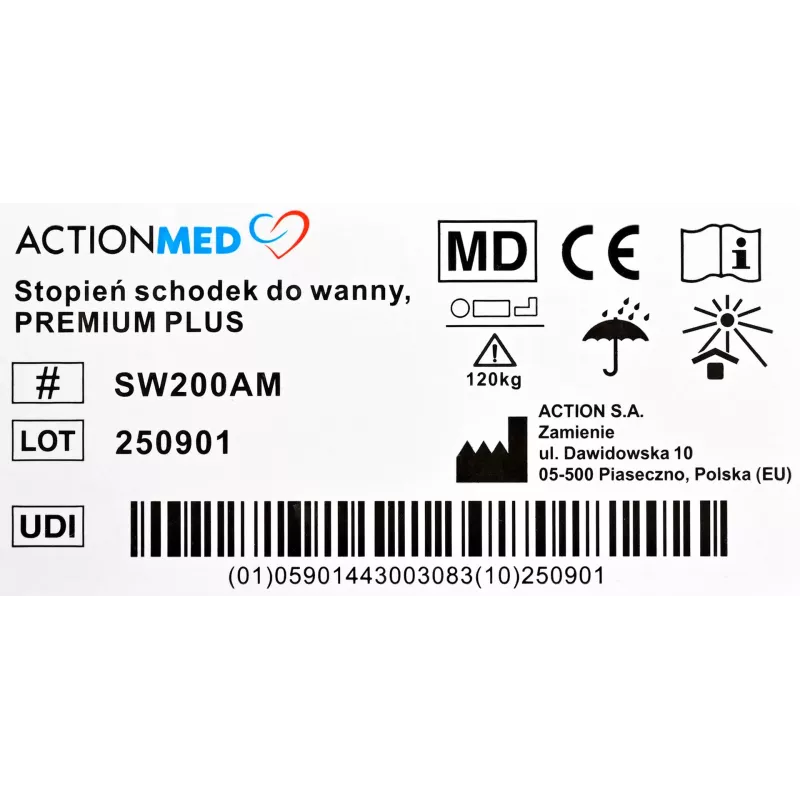 Vannitoaaste (dušijäri) ActionMed SW200AM — must, libisemiskindel pind ja jalad, maksimaalne kasutajakaal 120 kg