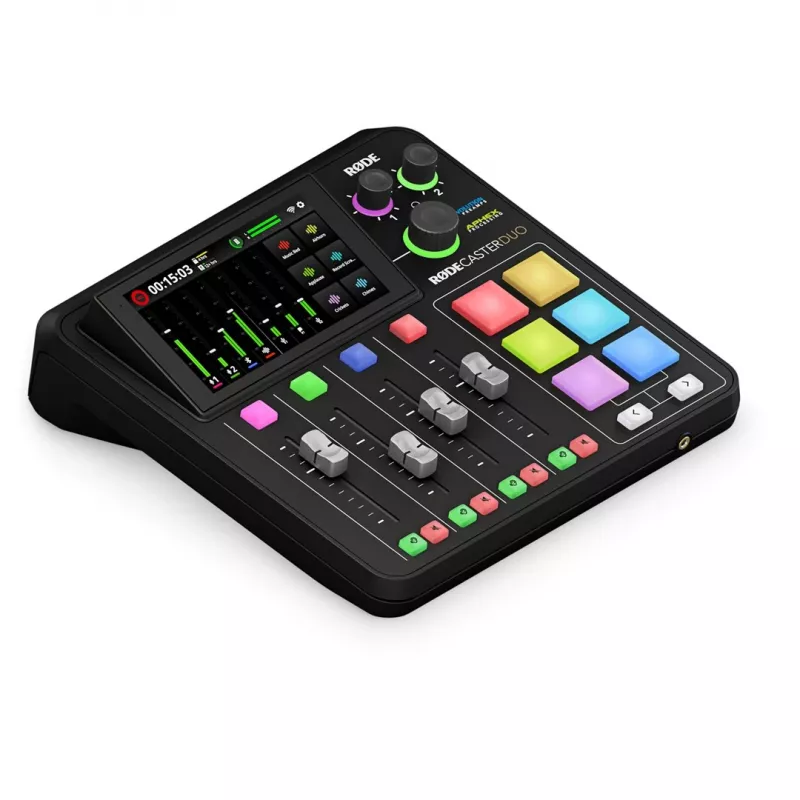 Stuudiokontroller RØDE Caster Duo must — 2 kombineeritud XLR/TRS, 2 TRS liiniväljundit, 48 kHz, 24-bitine, puuteekraan, Wi‑Fi, Bluetooth