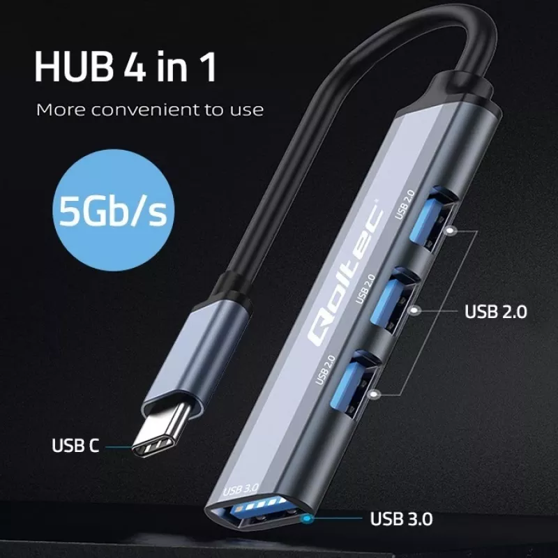 USB-jaotur QOLTEC 53792, USB-C 3.1 4-pordiline (USB 3.0 x1, USB 2.0 x3)