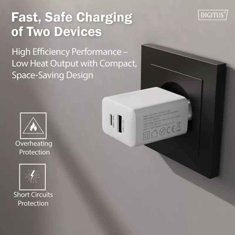 AC Indoor USB GaN Charger DIGITUS DA-10301 — 30W, 1× USB-C, 1× USB-A, 100–240V, valge