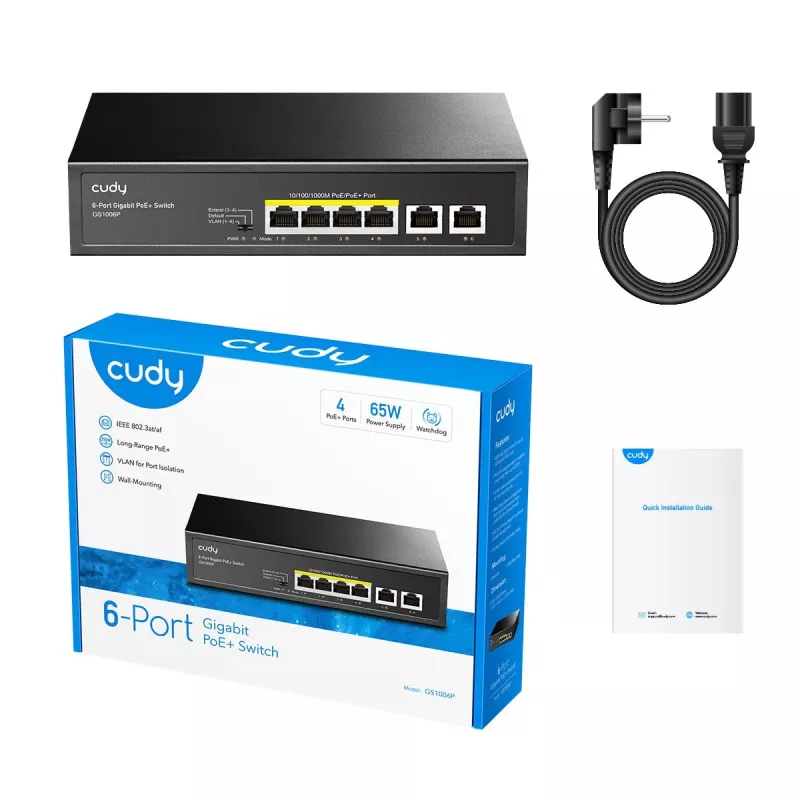 Võrgukommutaator Cudy GS1006P haldamata Gigabit Ethernet 6-pordi PoE, 12 Gbit/s, 2048 MAC, must