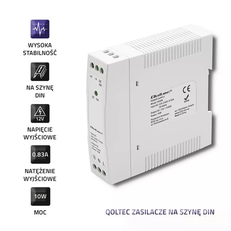 DIN-liistu toiteplokk 10W, 12V, 0.83A, õhuke