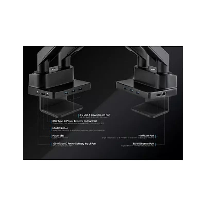 Manhattan Dual Desk Mount for TV & Monitors (Full Motion Gas Spring) with built-in Dock, For screens to 27 inch, Ports (x7): Ethernet,HDMI (x2),USB-A (x3) and USB-C,Power Delivery (100W) to USB-C Port (Separate USB-C wall charger/kaabel needed),VESA: 75x75 and 100x100mm