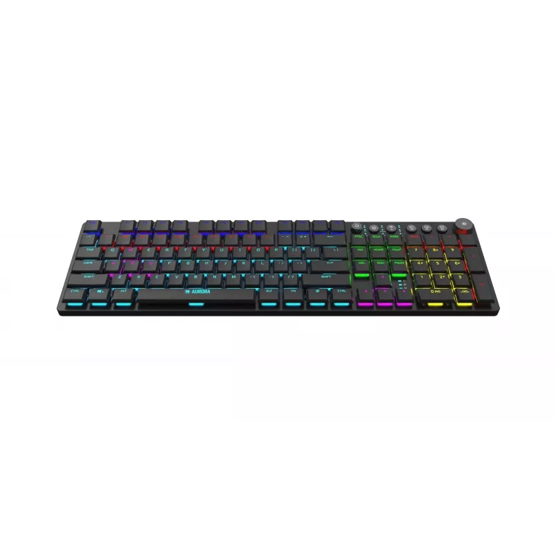 Klaviatuur IBOX AURORA K-6 — täissuuruses QWERTY, RF juhtmevaba + Bluetooth, RGB taustvalgustus, mehaanilised madala profiiliga klahvid, must
