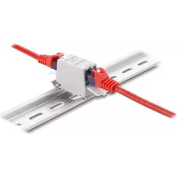 Sidur DELOCK RJ45 Cat.6A emane-emane tolmukattega, varjestatud, DIN-liistule kinnitatav, hall/valge