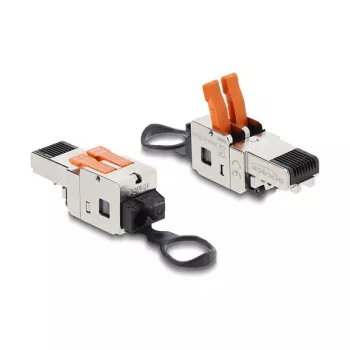 DELOCK RJ45-pistik klambrilukuga 2 klemmi +/−, tööriistavaba liitvõimsuspistik, isane, must/roostevaba teras
