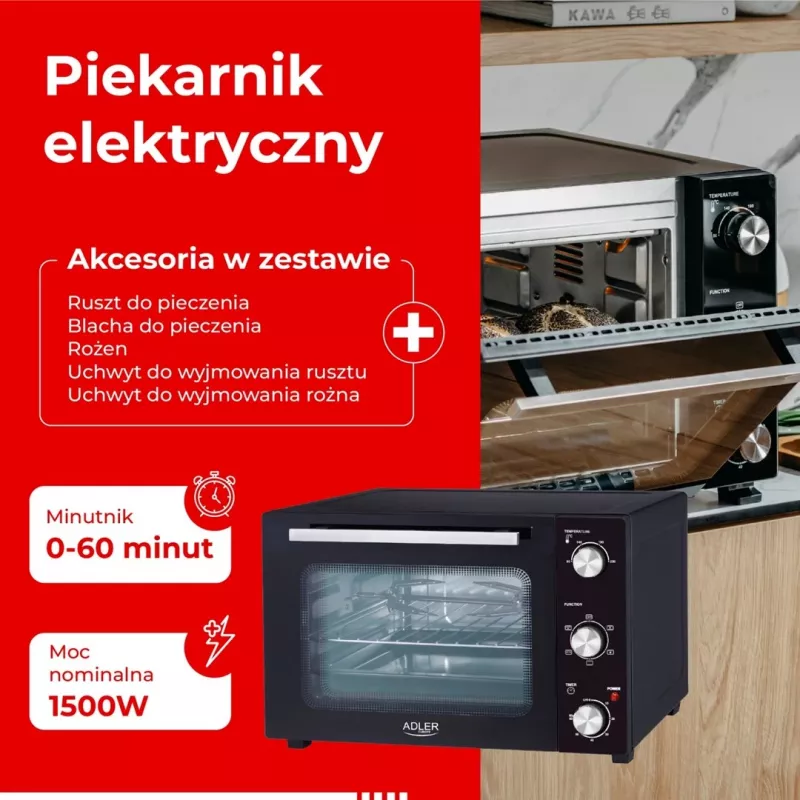 Elektriline kompaktne lauaahi Adler AD 6026 — 48 L maht, 1800 W, vabalt paigaldatav, mehaaniline taimer