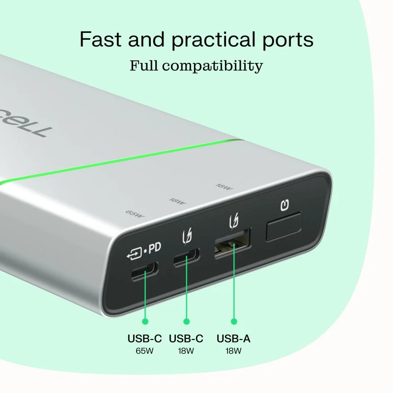 Kaasaskantav aku roheline Cell BPLGC20P 20800 mAh liitiumioon, USB-C PD 65W, 2x USB-C + 1x USB-A, alumiiniumkorpus