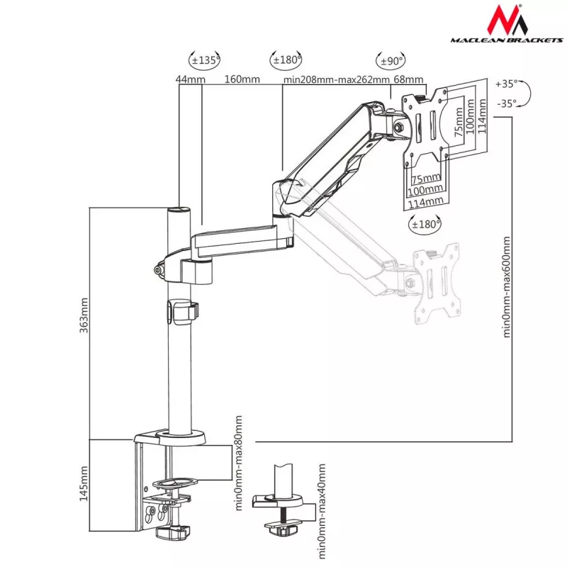 Lauamonitori kinnitus MACLEAN MC-775 kuni 32-tollistele (81,3 cm) ekraanidele, VESA 75x75–100x100, kuni 8 kg, hall