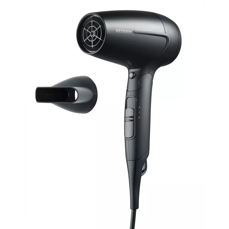 Föön SEVERIN HT 0159 — 1600 W, topeltpinge 110/220–240 V, 2 kiirust, jaheda õhu puhumine, 1,8 m juhe, must