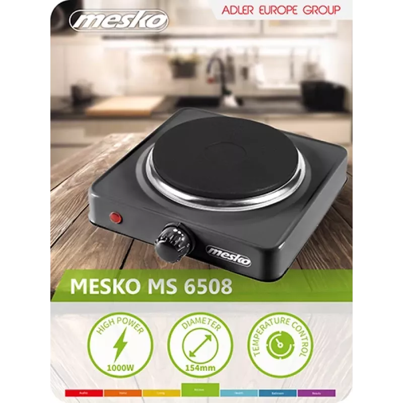 Mesko Home MS 6508 pliit Must Töötasapinnale Suletud plaat 1 tsoon(i)