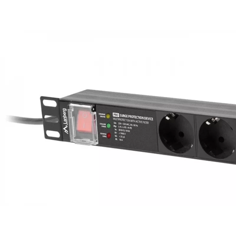 Toitejaotusseade LANBERG PDU-PRO-07F-0200-BK — 1U rack PDU, 7 Type F pistikupesa, 16 A, 2 m kaabel, must