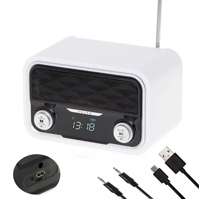 Kaasaskantav raadio Adler AD 1185 — FM, Bluetooth 4.0, MP3, SD-kaart, AUX, 1800 mAh aku, LCD-ekraan, micro-USB laadimine