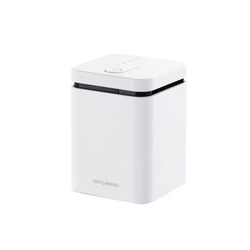 Aroomidifuusor Stylies ELARA/Valge — aurustav, kuni 25 m² ruumidele, 2 h taimer, AC/patarei/USB, 1,3 W, 74×74×100 mm