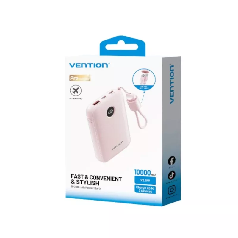 Akupank Vention FKAP0-C 10000 mAh, 2× USB-C + 1× USB-A, 22,5 W, roosa