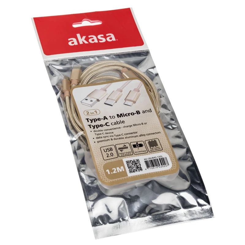 Akasa AK-CBUB42-12GL USB-kaabel 1,2 m USB 2.0 USB A USB C/Micro-USB B kuldne (AK-CBUB42-12GL)