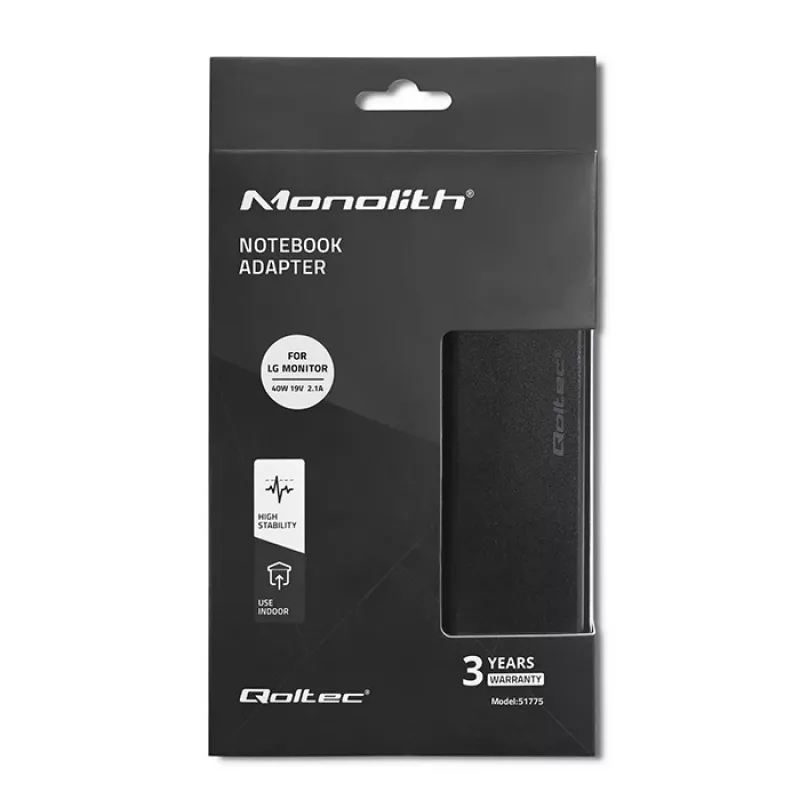 Toiteadapter QOLTEC 51775 40W 19V 2.1A monitoridele, must, 1.75 m kaabel