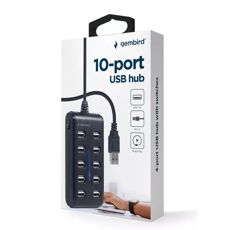 USB-jaotur Gembird UHB-U2P10P-01 — 10-pordiline USB 2.0 jaotur