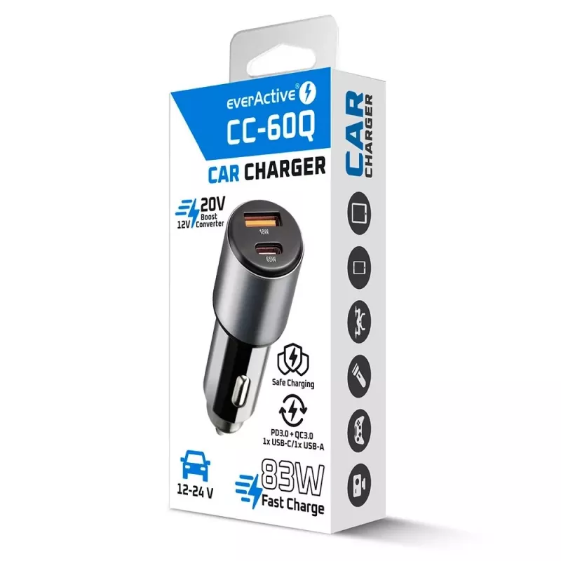 Autolaadija everActive CC-60Q, QC3.0, kuni 83W, USB auto toiteadapter