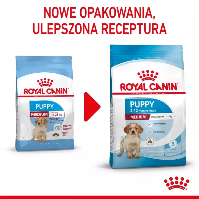 Kuiv koeratoit Royal Canin Medium Puppy 15 kg — keskmist tõugu kutsikatele, kanamaitse, 32% valku, 20% rasva