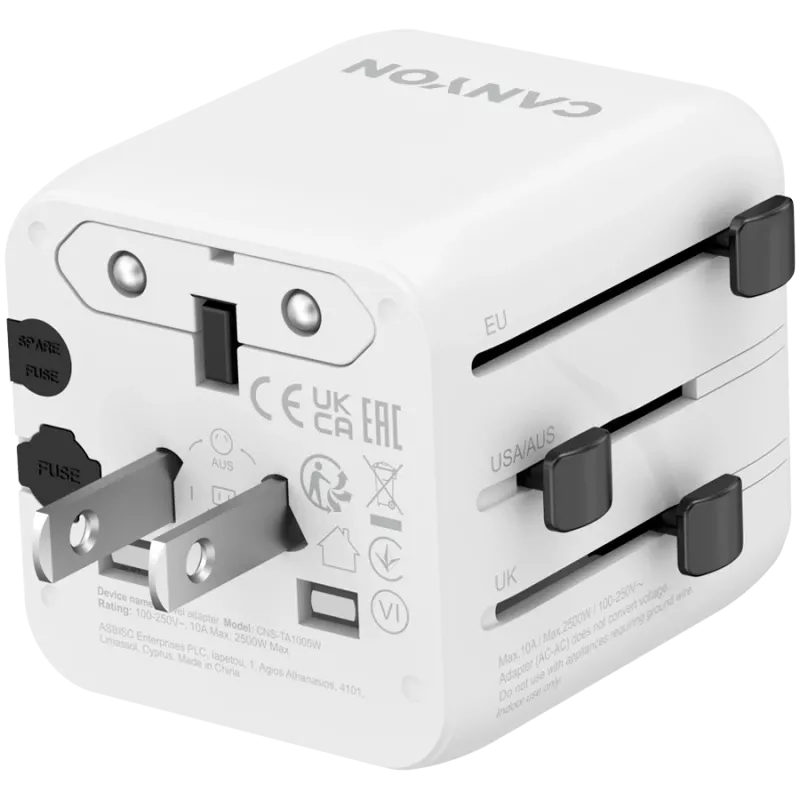 Reisiadapter CANYON OnTour One EU UK US AUS valge (CNS-TA1005W) – universaalne pistiku teisendus EL/ÜK/USA/AUS jaoks