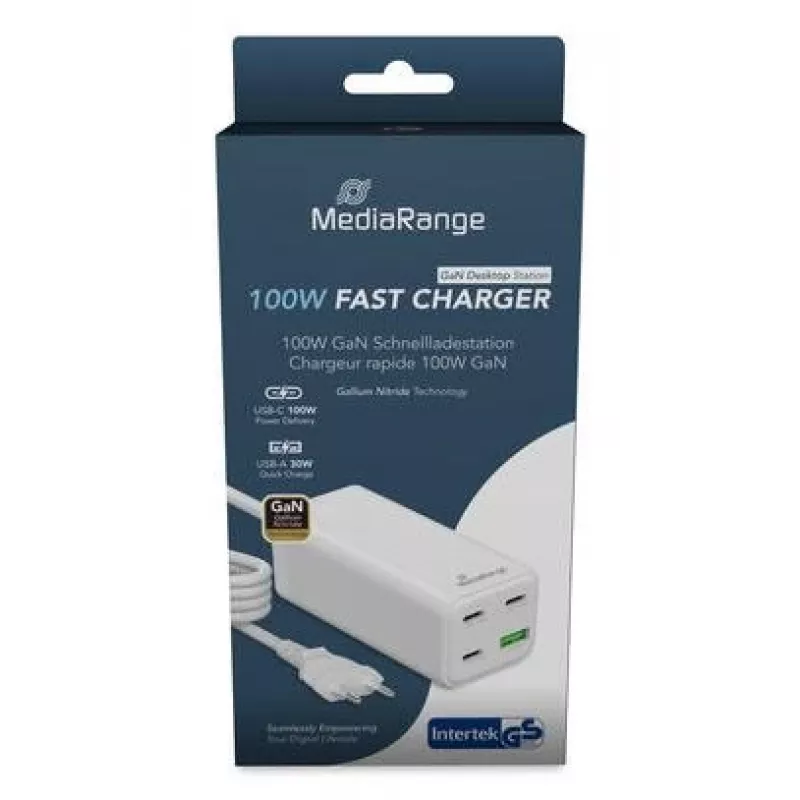 MediaRange MRMA124 mobiilseadmete laadija 100 W vahelduvvool, 3x USB-C, 100–240 V sisend, 1,5 m kaabel, valge