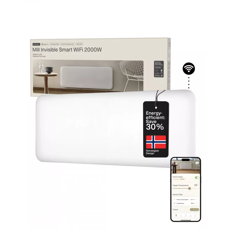 Mill Invisible Smart WiFi Heater | PA2000WIFI4 | Paneelküttekeha | 2000 W | Sobib ruumidesse kuni 24–28 m² | Valge | IPX4