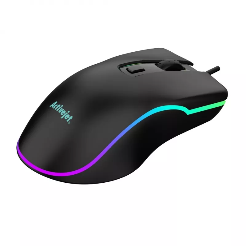 Juhtmega soojendusega mängurihiir ActiveJet AMY-W390 — mõlemakäeline, optiline 2000 DPI, USB Type-A, 4 nuppu, must