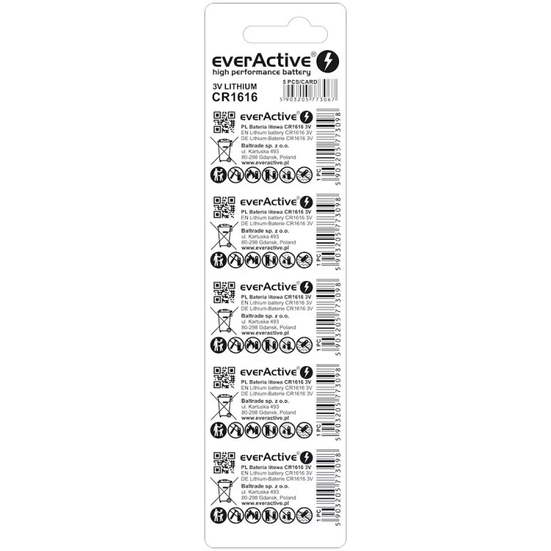 Nööpelement everActive CR1616 3V, 50 mAh, 16 mm — 5 tk pakend