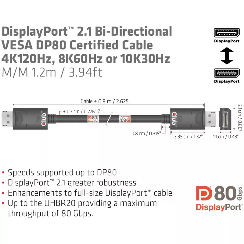 CLUB3D DisplayPort 2.1 Bi-Directional VESA DP80 Certified kaabel 4K240Hz, 8K60Hz or 10K30Hz M/M 1.2m/3.94ft