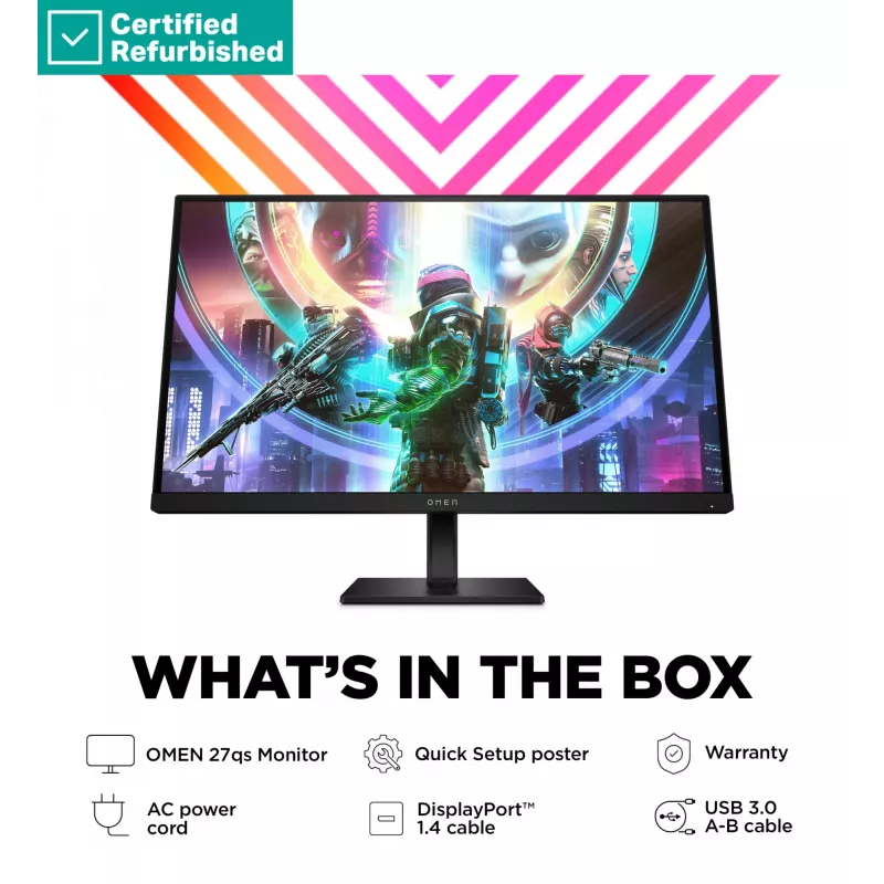 RENEW SILVER OMEN by HP 27qs QHD mängurimonitor - 27 2560x1440 QHD 400-nit 240Hz AG, IPS, 2x HDMI/DisplayPort, 2x USB-A, kõlarid, kõrgusreguleeritav/kallutatav/pööratav, 1 aasta