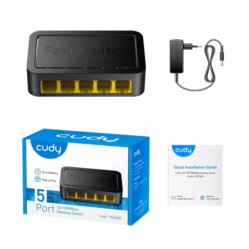 Võrgukommutaator Cudy FS105D — 5-pordiline Fast Ethernet 10/100, 1 Gbit/s kommutatsioon, must