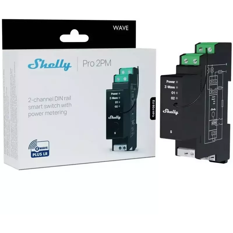 Shelly Wave Pro 2PM LR kahe kanaliga Z-Wave DIN-liistu kontroller