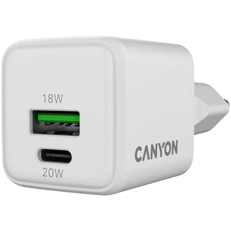 Canyon Laadija CU20AC GaN 20W PD, 2-pordiline (USB-A/USB-C) WH jaemüük (CNS-CUW20AC)