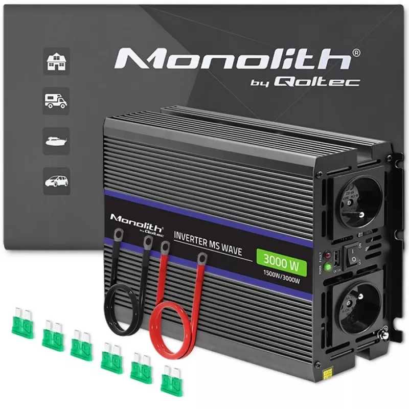 Pingemuundur QOLTEC Monolith 3000 MS Wave, 12 V → 230 V, 1500/3000 W, USB-ga