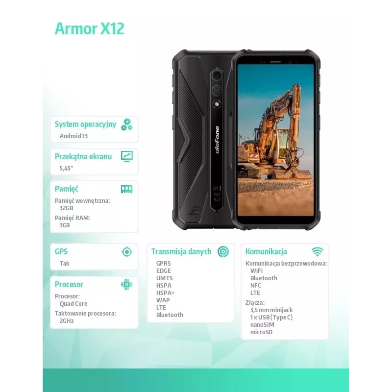Vastupidav nutitelefon UleFone Armor X12 — 3GB muutmälu, 32GB salvestusruum, täiesti must